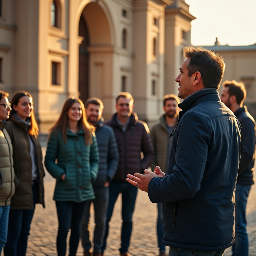 Ведущий рассказывает об истории здания участникам квеста