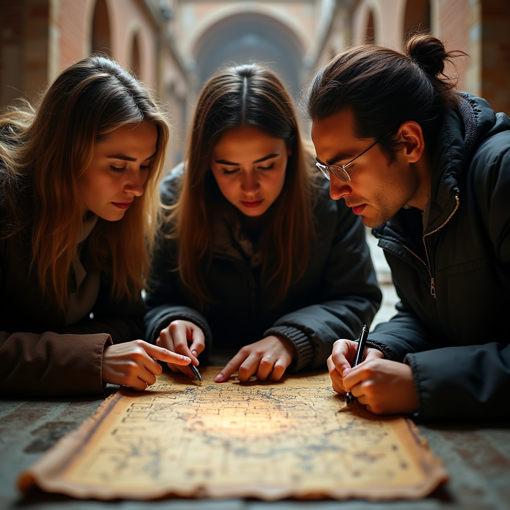 Группа решает головоломку во время квеста